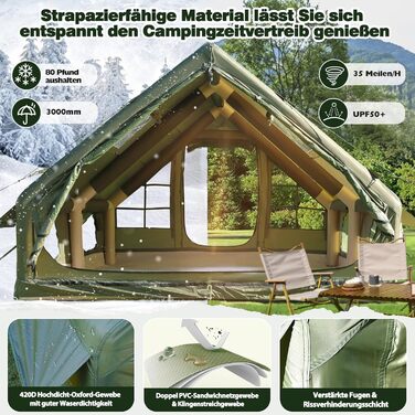 Надувний кемпінговий намет Oxford 420D для 7-10 осіб з насосом, водонепроникний (3000 мм), 4 сезони, з вікнами-москітними сітками та димоходом 400x300x200 см