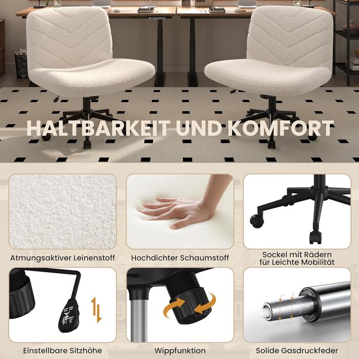 Офісне крісло Yaheetech з роликами, регульоване по висоті, з широким сидінням та середньою спинкою, для офісу та спальні, з колесами (слонова кістка)