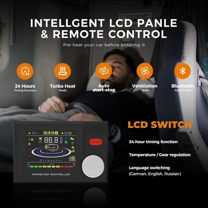 Дизельний опалювач 8kW з Bluetooth, 12V/24V/230V для вантажівки, автодому, транспорту. Автоматичний старт-стоп, 2025 (Помаранчевий)