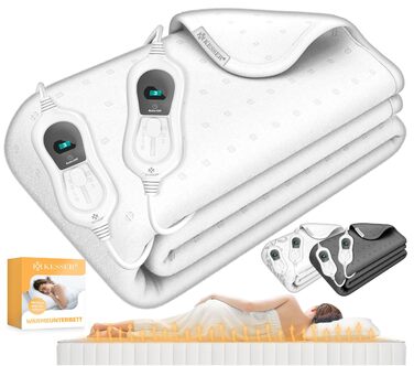 Електрична ковдра KESSER® з двома зонами нагріву 160x140 см з автовимкненням та пультом керування | 3 режими температури | Підкладка під ковдру | Тепла ковдра з м'якого флісу білого кольору 160x140 см без візерунка