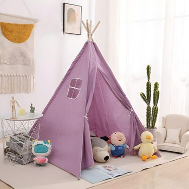 Дитячий намет-тіпі у фіолетовому кольорі | Ігровий намет-тіпі для дівчаток та хлопчиків, 140 x 120 см, бавовняний тканний матеріал зі зірочками та килимком