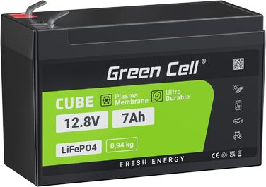 Акумулятор Green Cell LiFePO4 7Ah 12,8 В, літієва батарея 2560 Втгод з BMS, термін служби 10 років, 5500 циклів