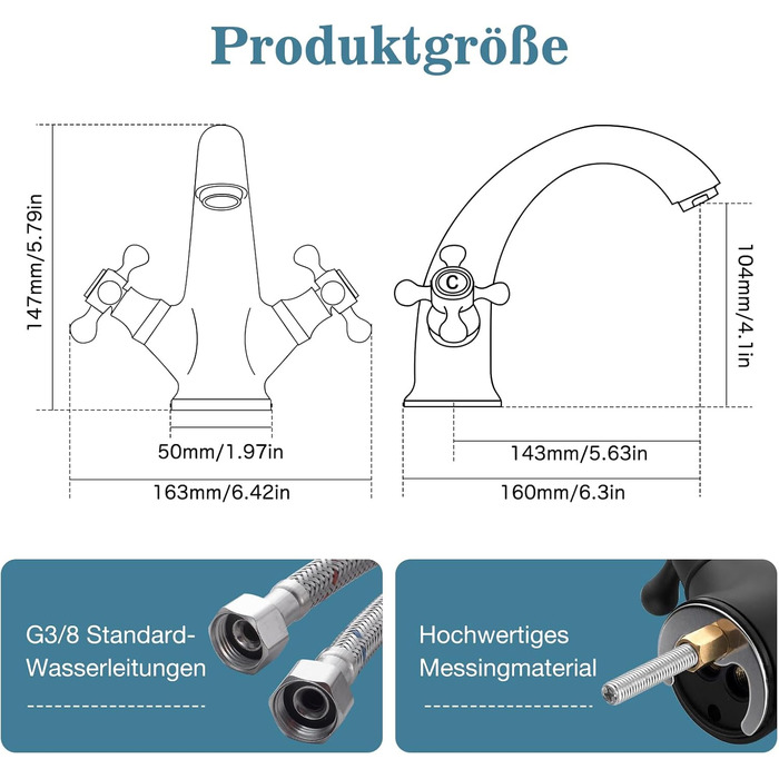 Чорний змішувач для ванної кімнати/умивальника з латуні, ретро стиль, 2-вентильний, G3/8