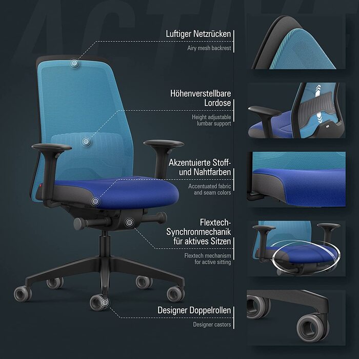 Офісне крісло Interstuhl Every Active Edition – регульована поперекова підтримка, комфортне та активне сидіння (Зелений | Чорний) (Світло-блакитний | Блакитний)