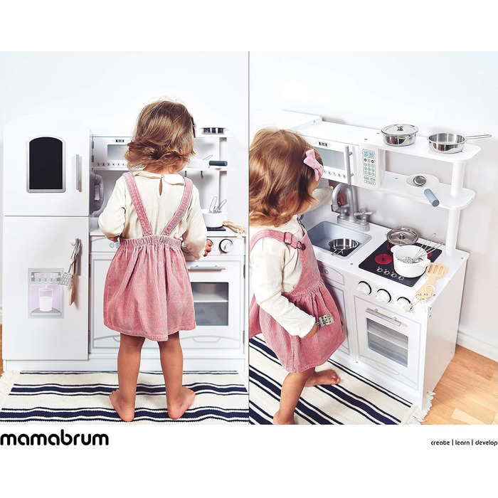 Дитяча дерев'яна кухня Mamabrum з LED-підсвічуванням. Регульована висота, набір з аксесуарами (крижанка, мікрохвильова піч, плита, посудомийна машина). Іграшка для дітей від 3 років (кухня для хлопчиків та дівчаток, білий колір)