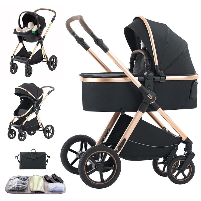 Дитяча коляска Shineey 3 в 1, Buggy, комбінована коляска з великою люлькою, алюмінієвий каркас (D2 BLACK)