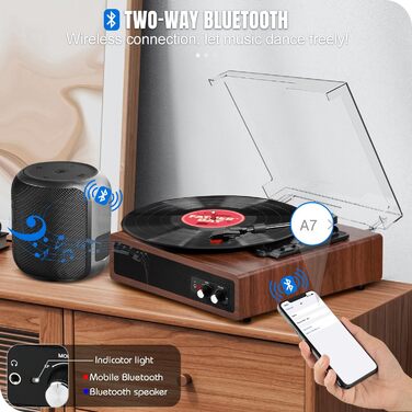 Вініловий програвач FYDEE з Bluetooth, вбудованими стерео-динаміками, ретро-дизайном, 3 швидкості (33/45/78 об/хв), RCA та AUX, каштановий