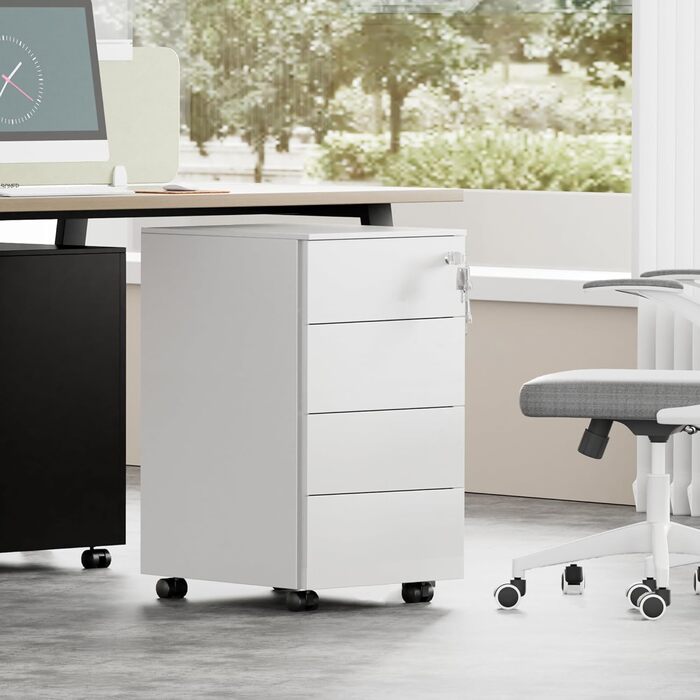 Роликовий контейнер HOMSTEEL з замком, 4 ключі, 4 шухляди, металевий шафа, готовий до збирання, для офісу, домашнього офісу, білий (44T x 37B x 69.5H cm)
