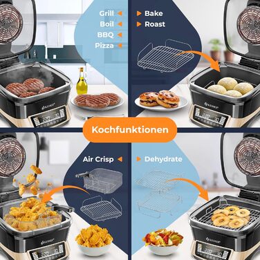 Мультиварка KESSER® 8 л з фритюрницею, 16 програм, для приготування на грилі, випікання, тушкування, варіння на пару, функція підігріву та приготування рису, повільне приготування, йогурт (Champagne)