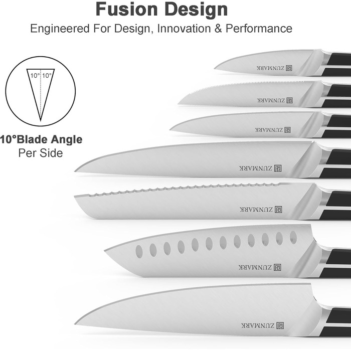 Набір ножів 14 предметів з бруском, кухонний набір ножів з дерев'яним бруском, леза з німецької сталі X50CrMoV15 (шеф-ніж, сантоку, ніж для стейка, ніж для овочів, ножиці). Чорний колір.