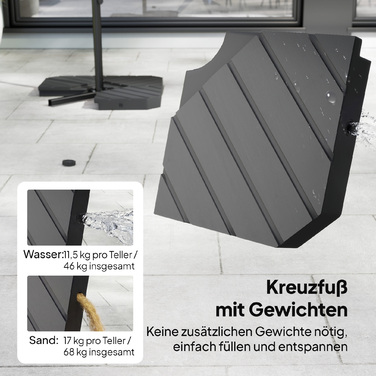 Сонячний парасоль з аркою, діаметром приблизно 300 см, з механізмом блокування, ручним підйомником, стійкою та вагами. Колір: кремовий білий.