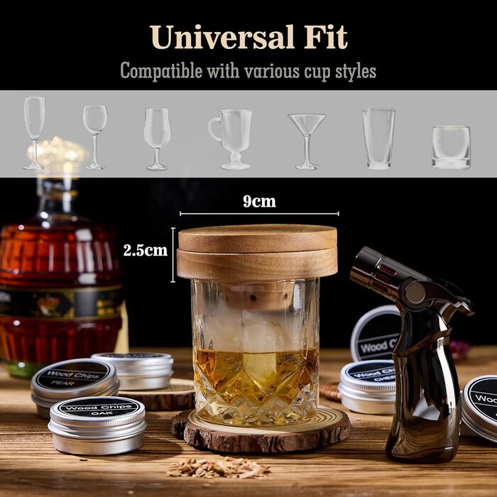 Набір для копчення віскі – Old Fashioned Cocktail Geschenkset з 6 ароматичними дерев'яними чіпсами, 4 гранітними камінцями, запальничкою та аксесуарами для любителів віскі та коктейлів (без бутану) (силіконова куля & гранітні камені)