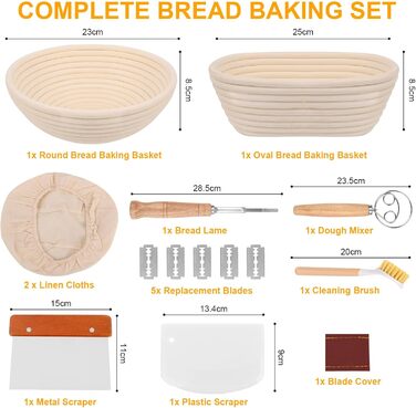 Набір для випікання хліба Gärkorb, повний комплект аксесуарів для випікання хліба (23см круглий & 25см овальний), скребок для тіста, льняний вкладиш, мішалка для тіста & лопатка для хліба. Набір для випікання хліба для початківців та професіоналів