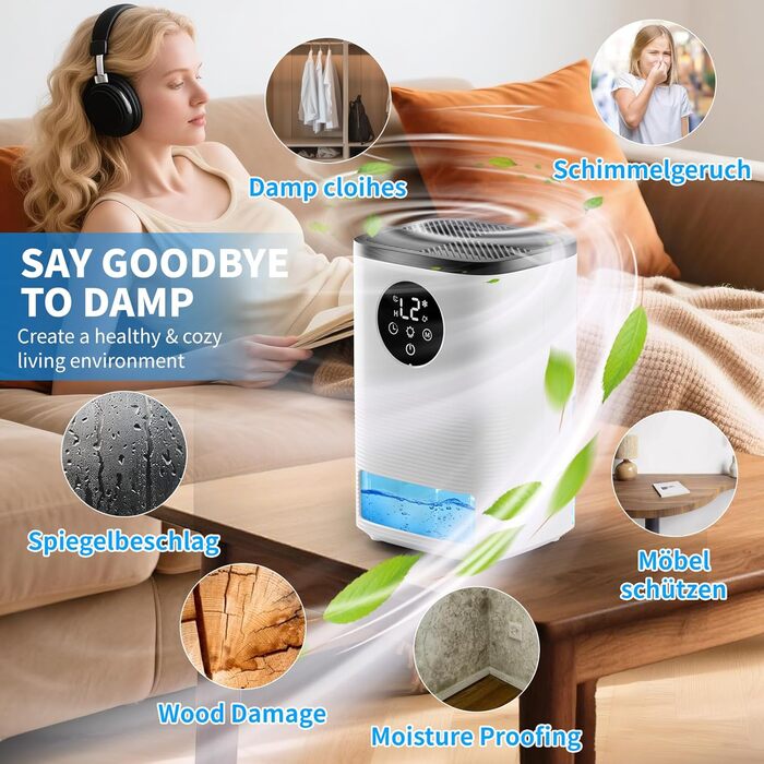 Електричний осушувач повітря 1600 мл, портативний, тихий, з автоматичним вимкненням та 7-кольоровим підсвічуванням для спальні, ванної кімнати та дому