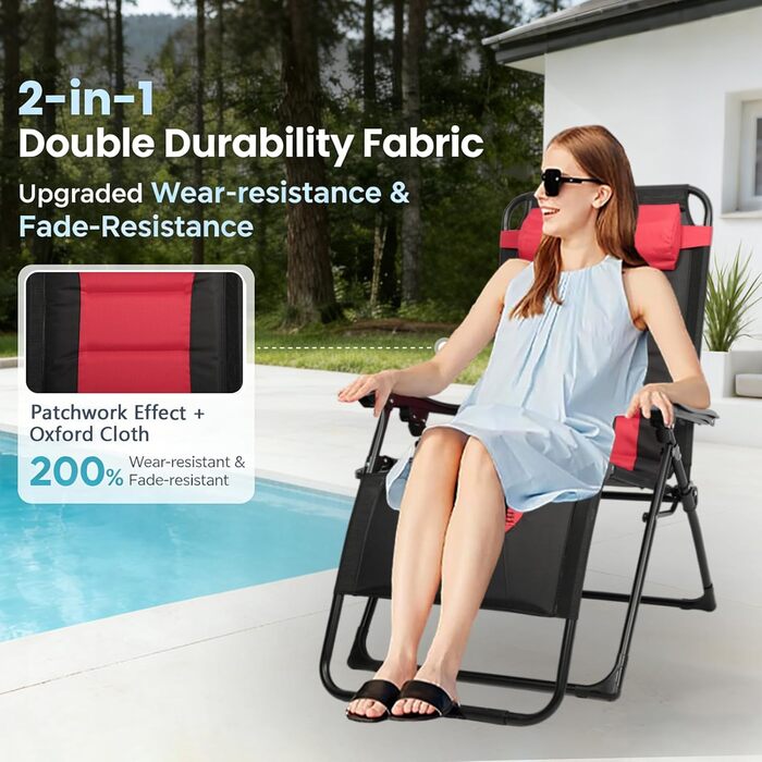 Розкладне ліжко для саду, широке 72 см, з підстаканником та подушкою, для відпочинку на вулиці (червоне)