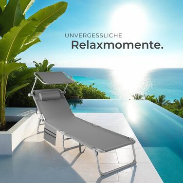 Лежак для відпочинку Tectake®: складаний, портативний, з кишенею, для балкона, тераси, кемпінгу (сірий)