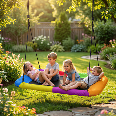 Дитяча гойдалка-гніздочко з регульованою висотою, вантажопідйомністю до 300 кг та регульованим канатом, призначена для дітей віком 3-8 років, розміром 148x77x180 см, у різноманітних кольорах.