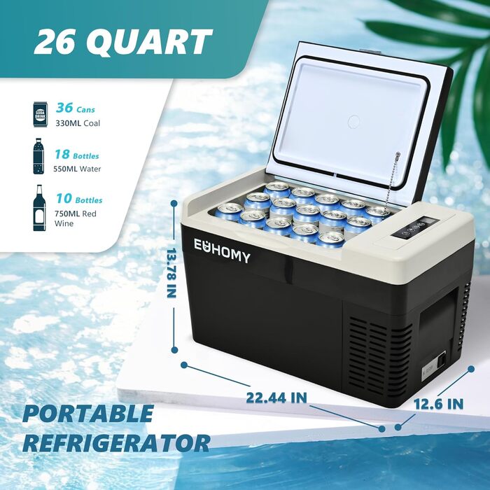 EUHOMY Компресорна холодильна сумка -20℃~20℃, 12/24V DC & 230V AC, Bluetooth, 26QT (24 літри)