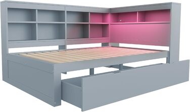 Диван-ліжко Kehun Doppelbet з LED-підсвіткою та USB-портом, трансформер з ящиками для зберігання та полицею, ліжко з ламелями, білий колір, без матраца, 140x200 см (сірий)