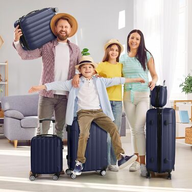 Набір валіз LALAHO 5 шт. з косметичками, з ABS пластику, для подорожей, ручна та велика валіза, блакитний (смужки)