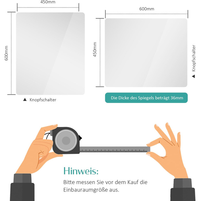 Дзеркало для ванної кімнати EMKE з підсвічуванням 40x60 см, антизапар, 2 кольори світла (тепле/холодне), вимикач-маятник, IP44, енергозберігаюче, захищене від вибуху (60 см x 45 см)