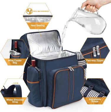 Набір для пікніка на 4 особи: рюкзак, корзина, ізотермосумка, ковдра, для кемпінгу та парку (темно-синій)