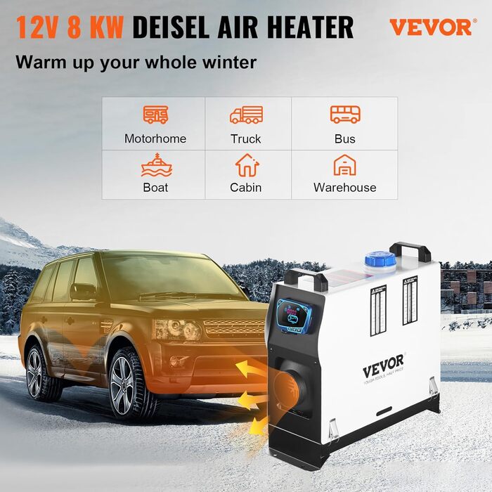 VEVOR 12V дизельний опалювач 8KW - авто опалення, повітряний опалювач для авто, RV, човнів, вантажівок, будинків на колесах, автобусів з червоним LCD-вимикачем та 1 виходом для повітря
