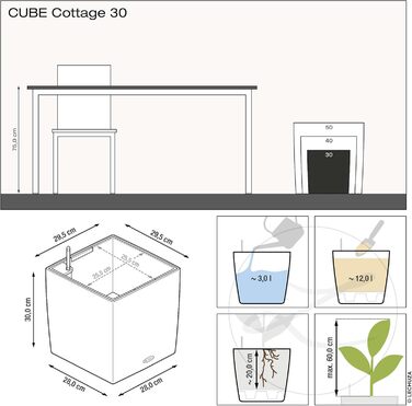 Пляцок Lechuza 'Cube Cottage 30' з системою поливу ґрунтом, граніт, 30 x 30 x 30 см