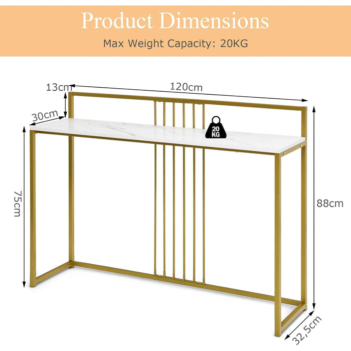 Консольний стіл LIFEZEAL мармур, металевий каркас, кандинавський, 120x32.5x88см, золото (білий)
