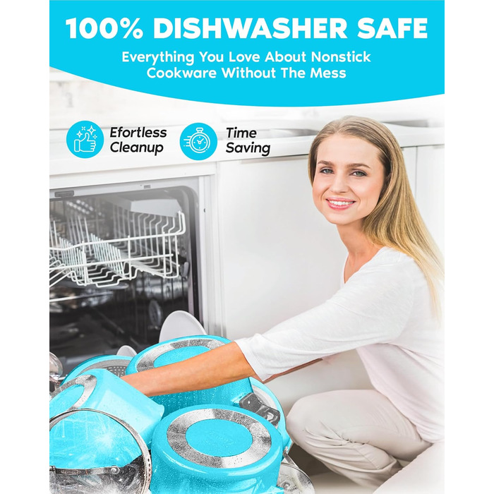 Набір кухонного посуду Gotham Steel з антипригарним покриттям, керамічно-мідним покриттям - сковорідки, каструлі, глибокий квадратний кошик для смаження, блакитний
