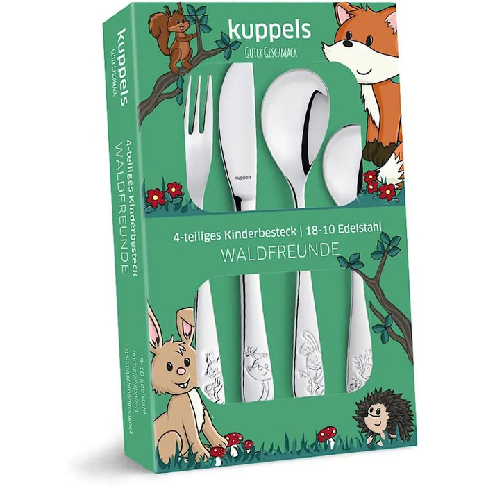 Набір дитячого посуду Kinderbesteck з гравіюванням 'Друзі лісу', 4 шт. з іменем, з нержавіючої сталі