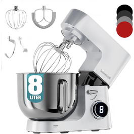 Кухонна машина Heinrichs 2500W з подвійним гаком для тіста, міксером та вінчиком, 8 швидкостей, чаша 8л з нержавіючої сталі, тиха, колір 