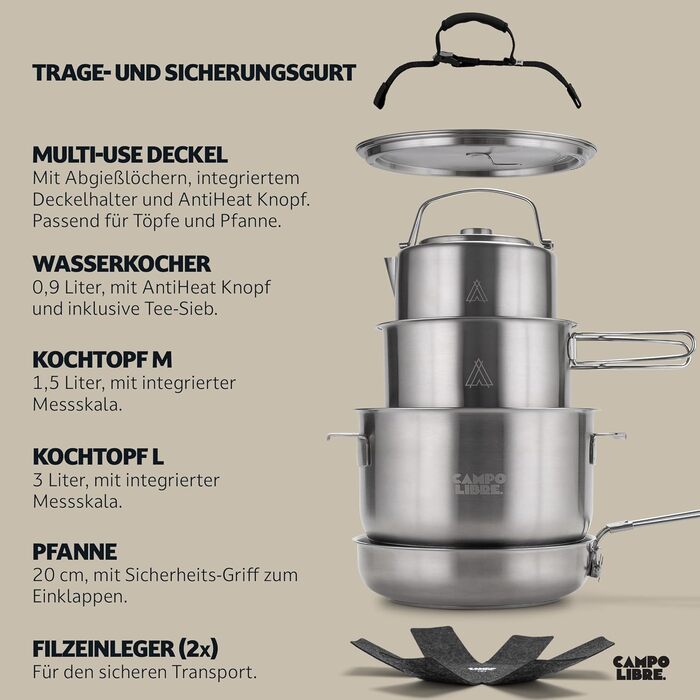 Набір кухонного посуду Campo Libre Enzo I з нержавіючої сталі для кемпінгу | 6 або 6-ти частинний | Індукційний | Посуд для кемпінгу