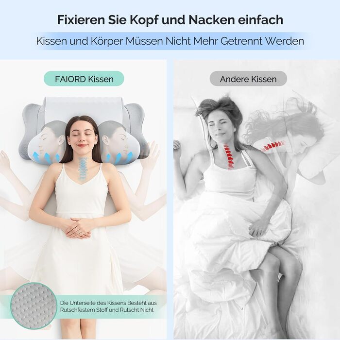Подушка для шиї, подушка для голови з Memory Foam, ергономічна подушка для сну на боці, спині та животі, сіро-білий колір, 64 x 39 x 13 см