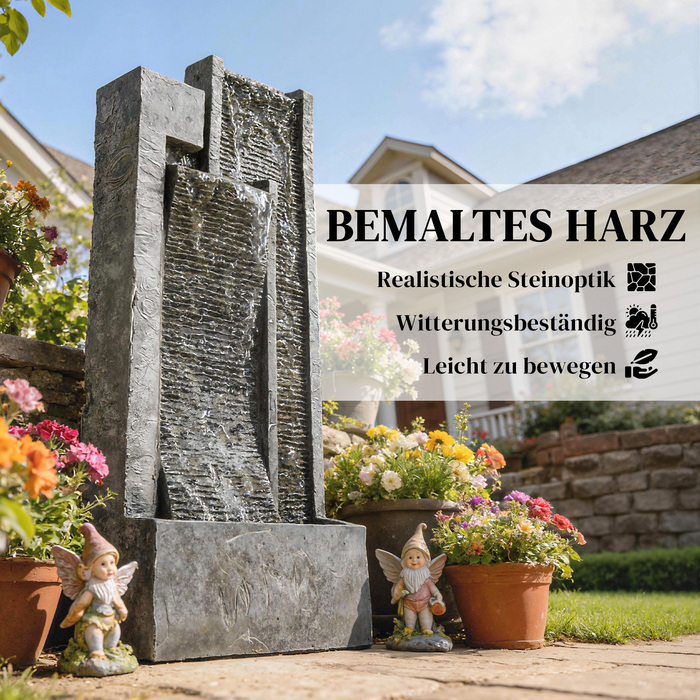 Водоспад на 3 рівня з підсвічуванням LED, декоративне кашпо, насос та імітація каменю, регульована висота, розміри 38 x 19 x 101 см