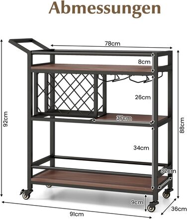 Візок для сервірування GOPLUS 3 яруси, полиця для пляшок, тримач для склянок, ручка, полиці, коліщатка, кухня та вітальня (коричневий)
