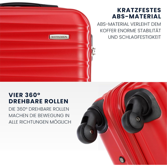 Набір валізWITTCHEN 4 в 1: Чотири валізи з ABS-пластику з коліщатами Spinner, кодовий замок, Groove Line (червоний)