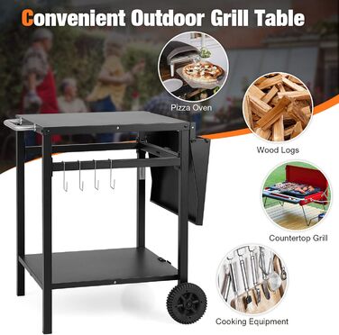 Стіл для грилю GIANTEX з відкидною робочою поверхнею, на коліщатках, з 2 полицями та 4 гачками, металевий, чорний