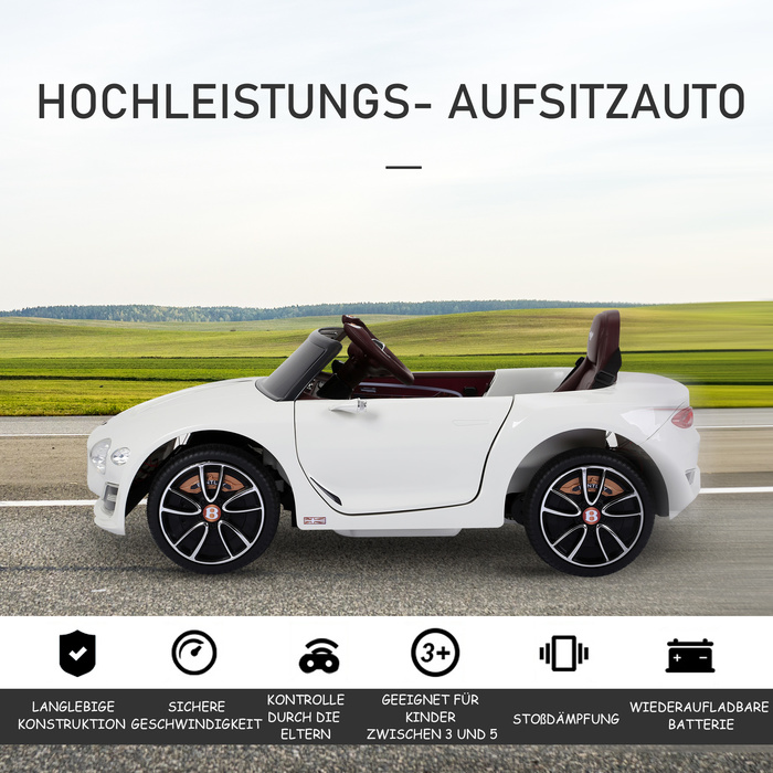 Дитячий електромобіль Bentley GT ліцензійна модель з пультом дистанційного керування, 2 x 390 двигуни, білий колір, розміри 108 x 60 x 43 см