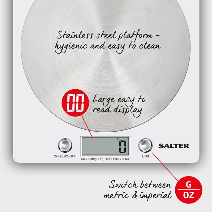Цифрові кухонні ваги Salter 1036 OLFEU16 Olympus - електричні харчові ваги з платформою з нержавіючої сталі, місткість 5 кг, ваги для випікання з функцією тарування, вимірювання рідин, РК-дисплей, (білий)