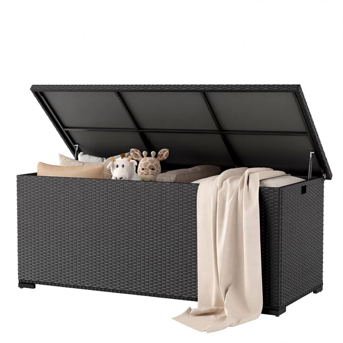 Скриня для подушок садових Polyrattan Amopatio 650л, водонепроникна, з газліфтом, чорна. Ящик для зберігання речей на вулиці для саду, балкону