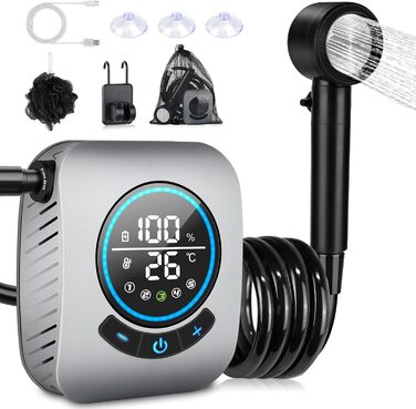 Портативна душова кабіна для кемпінгу Spopal з акумулятором 8000mAh, насосом та індикатором температури. Комплект для відпочинку на природі, автомийки, пляжу, подорожей та догляду за тваринами (сірий)