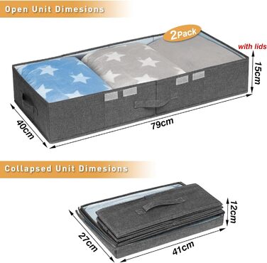 Підліжкове зберігання, 2 упаковки великої підліжкової коробки для зберігання з кришкою, складна коробка для зберігання під ліжком, одяг, коробка для зберігання з ручкою, органайзер для зберігання під ліжком