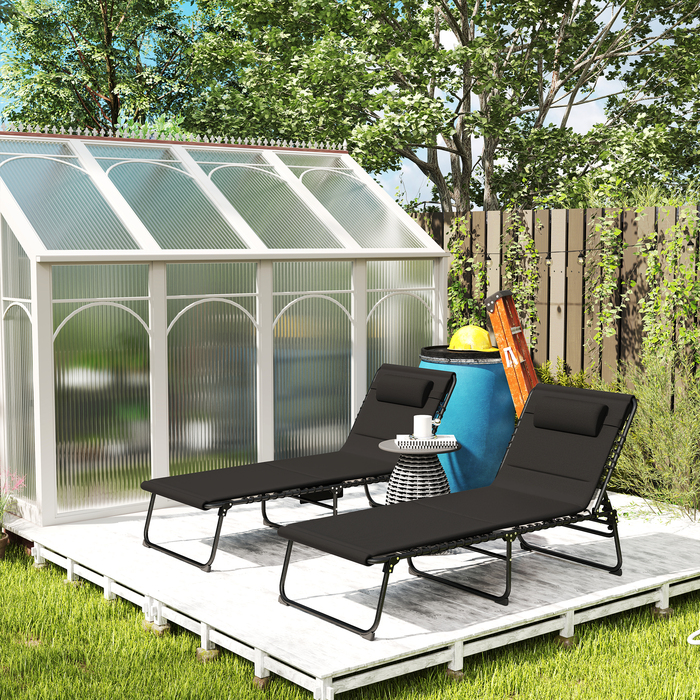 Набір з 2 сонячних лежаків, розкладні садові лежаки з подушкою для голови, спинка з 5 рівнями регулювання висоти, бічна кишеня, чорного кольору