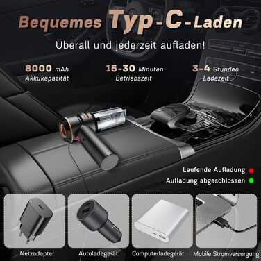 Акумуляторний ручний пилосос 4-в-1 для авто та дому, безщітковий двигун 22000Па, 3 режими потужності, 180000 об/хв, для шерсті тварин (Чорний)