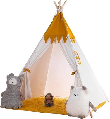 Намет Besrey Teepee для дітей, бавовняний ігровий намет для внутрішнього / зовнішнього використання з підсвічуванням і килимком (жовтий)