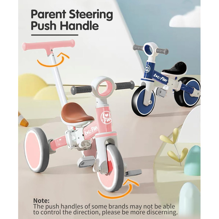 Дитячий біговел-триколіс LOL-FUN 5-в-1 з ручкою, рожевий - для хлопчиків та дівчаток від 1 року