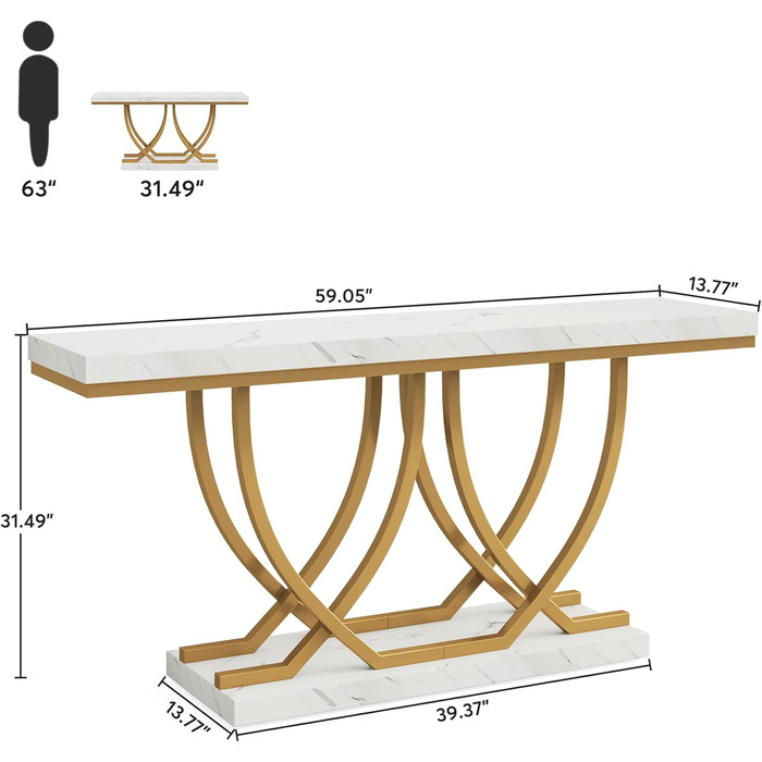 Консольний столик Tribesigns, 150 см, золотисті металеві ніжки, штучний мармур білий, вузький для вітальні/передпокою