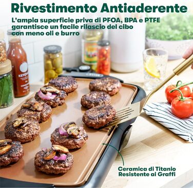 Електрична гриль-плита BELLA XL з керамічно-титановою поверхнею, для приготування 15 яєць одночасно, антипригарне покриття Healthy-Eco, велика глибока поверхня для приготування 30,5 x 56 см, колір: мідний/чорний