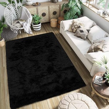 Круглий пухнастий килим Enyhom з високим ворсом, плюшевий товстий килим для вітальні, що миється оксамитовий ворсистий килим, нековзні м'які великі килими для дивана, спальні, прикраса для ліжка, Сірий (Чорний, 80 х 160 см)